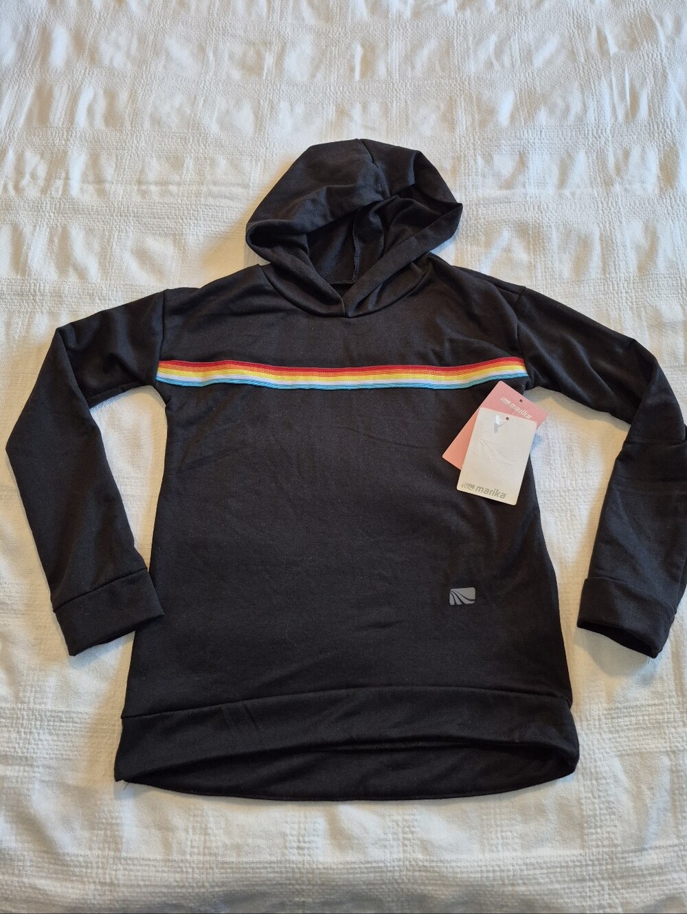 Marika girls M or 10/12 black long sleeve shirt with hood rainbow accent NWT